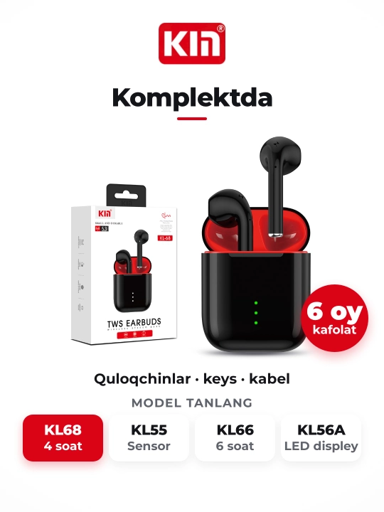 Беспроводные наушники KIN KL68 TWS Bluetooth с микрофоном, сенсорные, 400 мАч