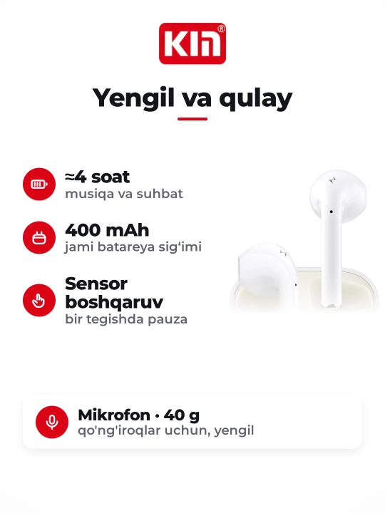 Беспроводные наушники KIN KL68 TWS Bluetooth с микрофоном, сенсорные, 400 мАч