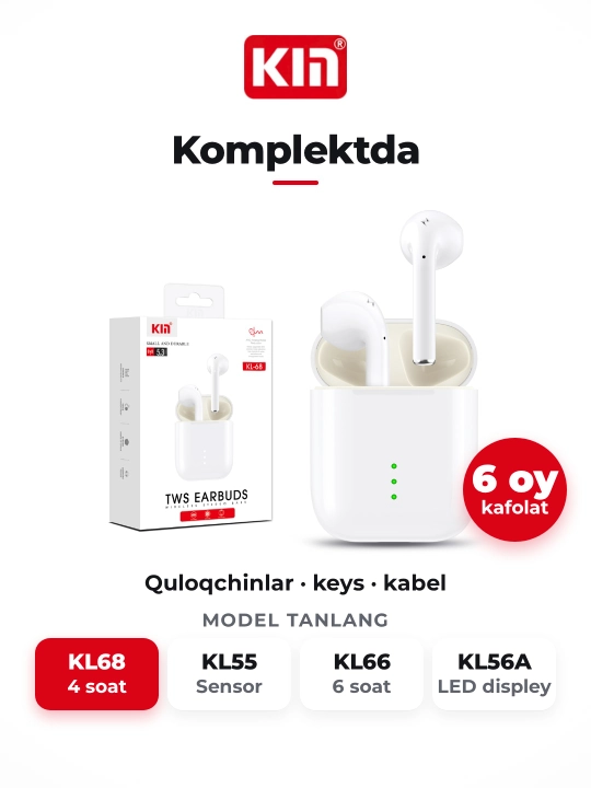 Беспроводные наушники KIN KL68 TWS Bluetooth с микрофоном, сенсорные, 400 мАч