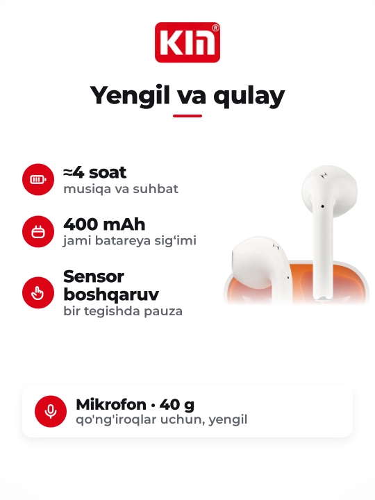 Беспроводные наушники KIN KL68 TWS Bluetooth с микрофоном, сенсорные, 400 мАч