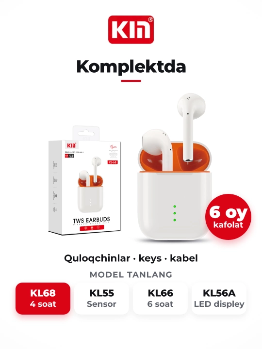 Беспроводные наушники KIN KL68 TWS Bluetooth с микрофоном, сенсорные, 400 мАч