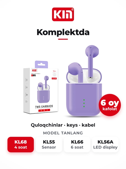 Беспроводные наушники KIN KL68 TWS Bluetooth с микрофоном, сенсорные, 400 мАч