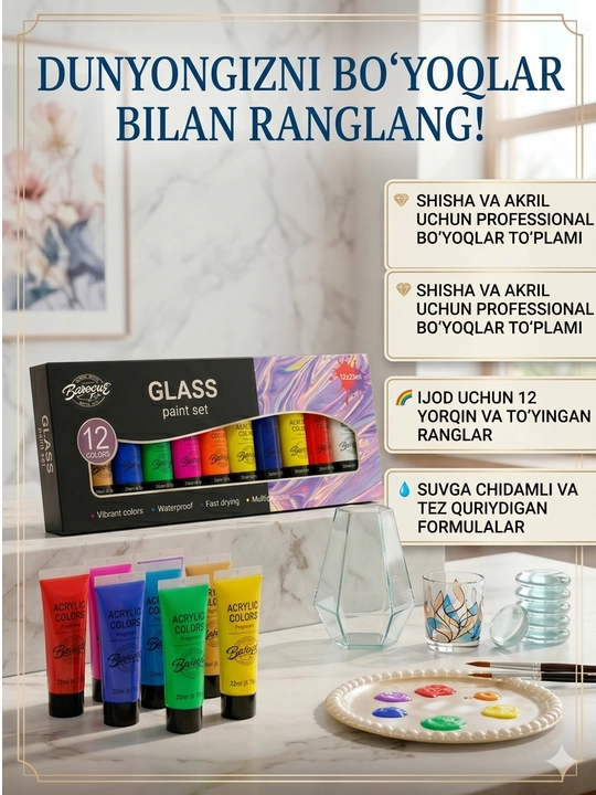 12 rang, 22 ml Shisha vitraj steklo uchun akril bo‘yoqlar toplami akril kraska glass paint