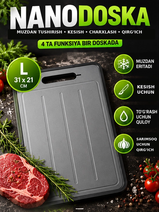 Oshtaxta, nanodoska, muzdan tushirish, kesish, pichoq charxlagich, sarimsoq qirg'ich - 