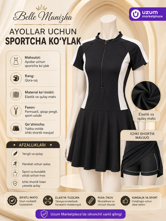 Sport ko‘ylak, ayollar ko‘ylagi, shortikli ko‘ylak, tennis ko‘ylagi, qora oq ko‘ylak - 