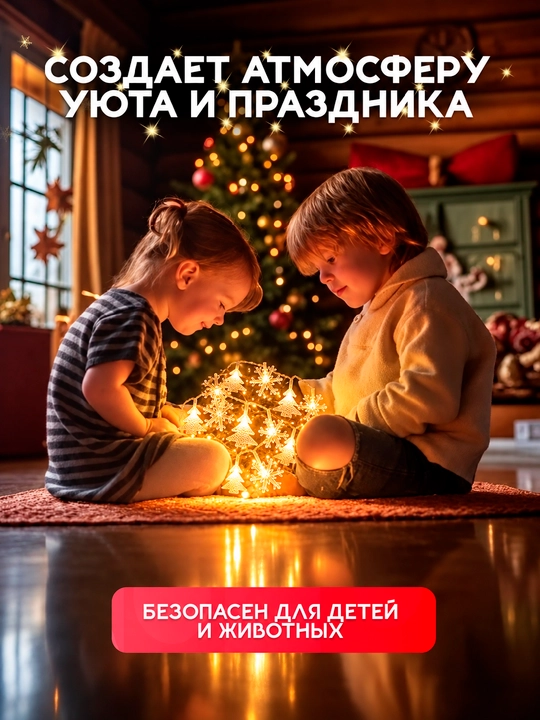 Yangi yil LED girlyandasi, 3–10 m, 20–80 chiroq, yulduzcha, qor parchasi, archa va bug‘u