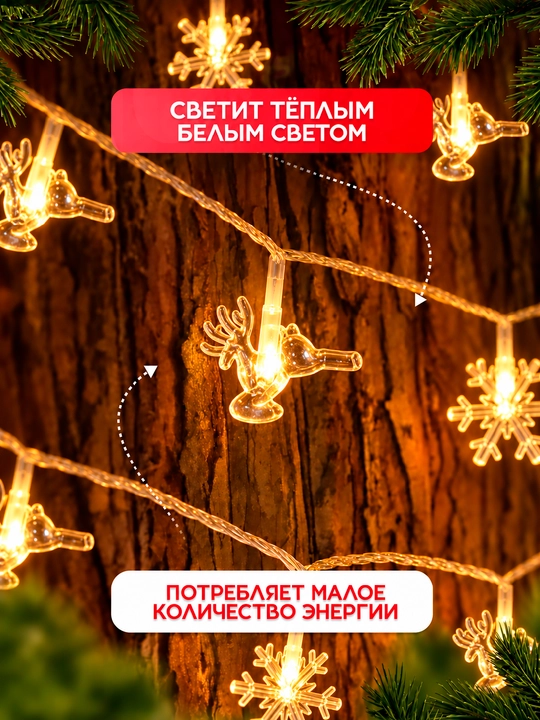 Yangi yil LED girlyandasi, 3–10 m, 20–80 chiroq, yulduzcha, qor parchasi, archa va bug‘u