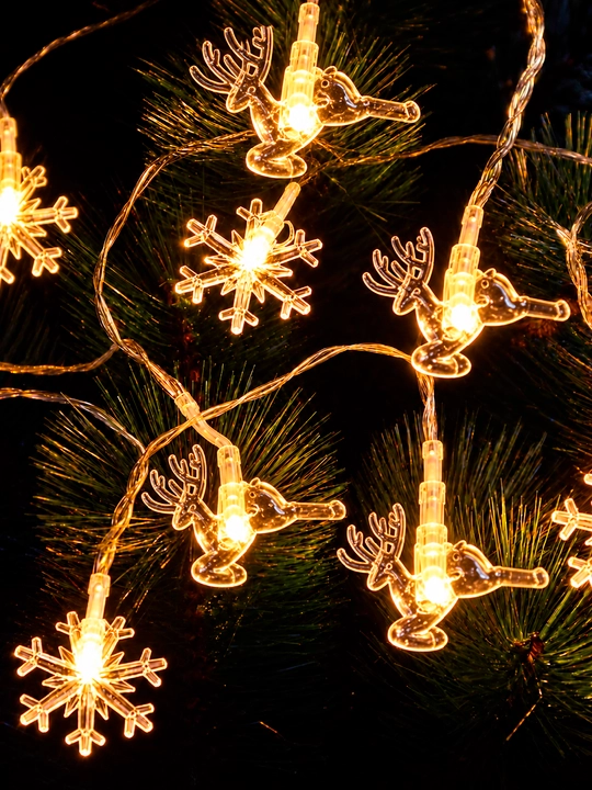 Yangi yil LED girlyandasi, 3–10 m, 20–80 chiroq, yulduzcha, qor parchasi, archa va bug‘u