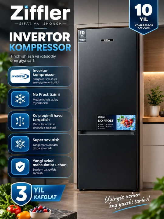 Холодильник Ziffler No Frost Inverter, Multi Airflow, Super Cooling - 