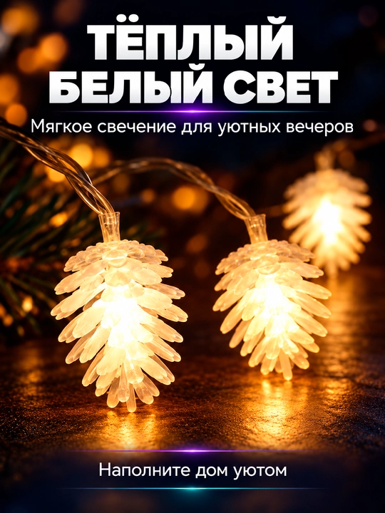 Shishka shaklidagi LED girlyanda, 3–10 m, 20–80 chiroq, USB, IP44, Yangi yil archa bezagi