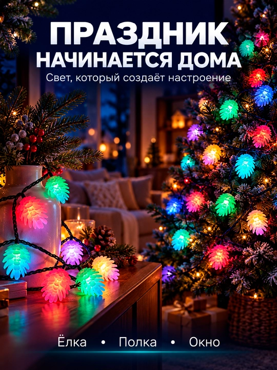 Гирлянда шишки светодиодная LED, 3–10 м, 20–80 ламп, USB, IP44, новогодняя для елки и дома