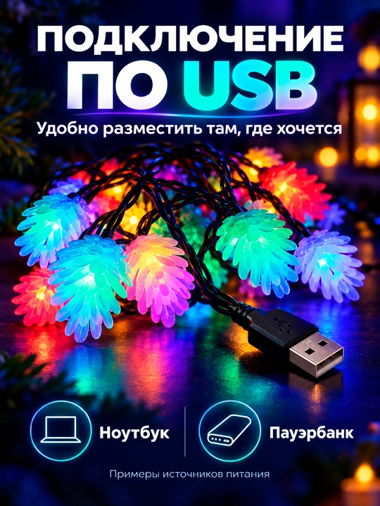 Гирлянда шишки светодиодная LED, 3–10 м, 20–80 ламп, USB, IP44, новогодняя для елки и дома