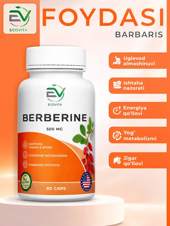 EcoVita Berberine 500mg 60 kapsula metabolizm va qand darajasini qo‘llab quvvatlash uchun