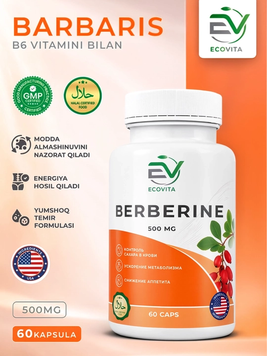 EcoVita Berberine 500mg 60 kapsula metabolizm va qand darajasini qo‘llab quvvatlash uchun