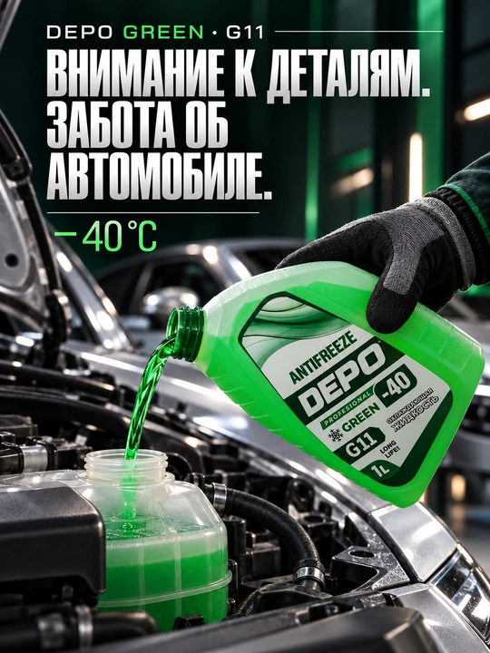 DEPO antifriz −40 °C, tayyor, 1 l va 4 l, ko‘k va yashil G11, qizil-pushti G12+