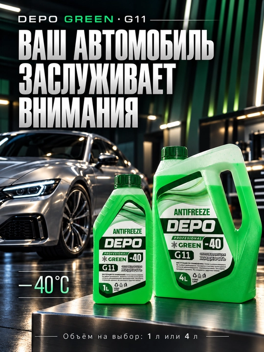 DEPO antifriz −40 °C, tayyor, 1 l va 4 l, ko‘k va yashil G11, qizil-pushti G12+