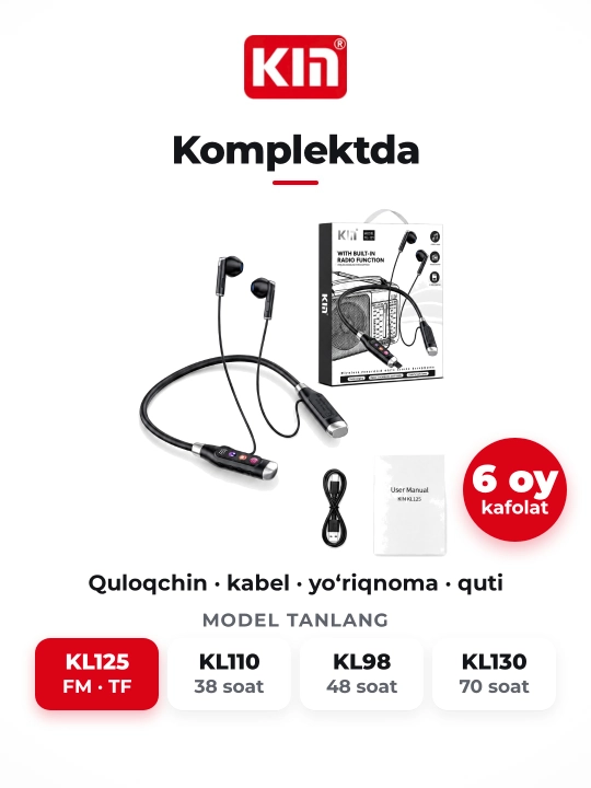 KIN KL125 - Беспроводные Bluetooth наушники с FM радио, TF картой и шейным ободом