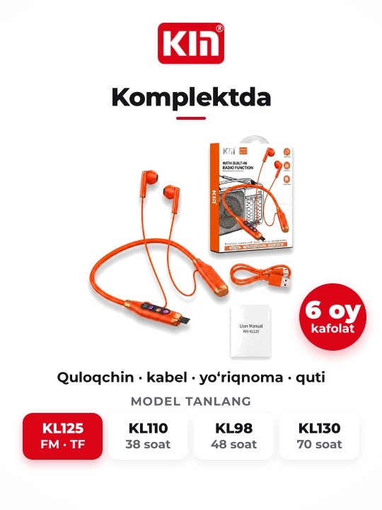 KIN KL125 - Беспроводные Bluetooth наушники с FM радио, TF картой и шейным ободом