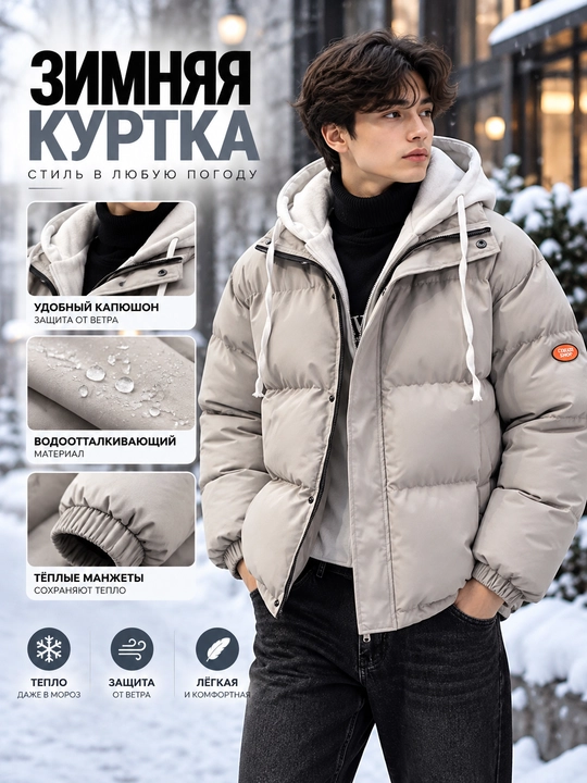 Зимняя куртка с капюшоном и внутренним слоем-худи, тёплая и стильная - 