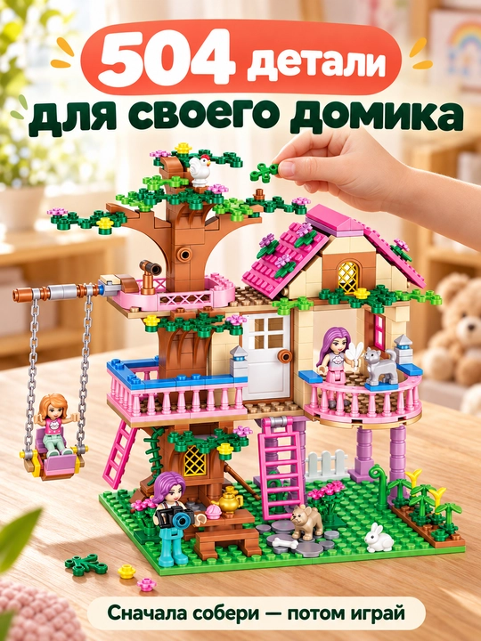 Кукольный домик на дереве, конструктор 504 детали, 7 фигурок, для девочек