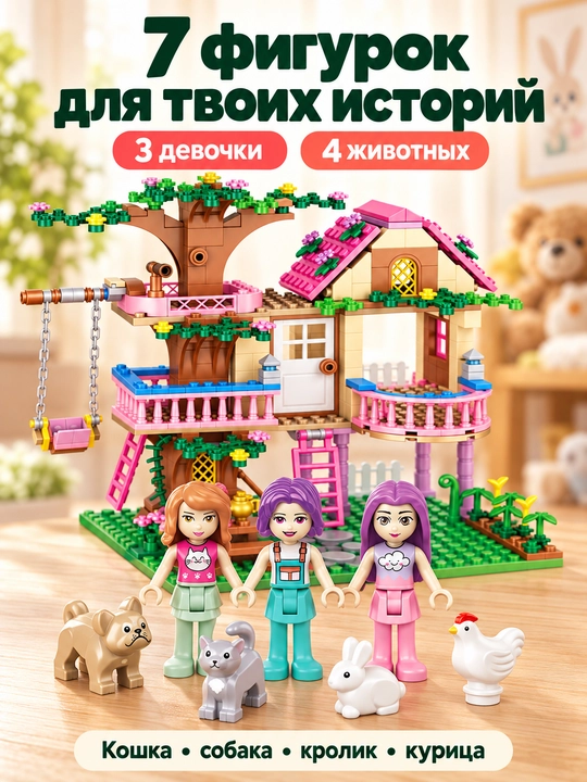 Кукольный домик на дереве, конструктор 504 детали, 7 фигурок, для девочек
