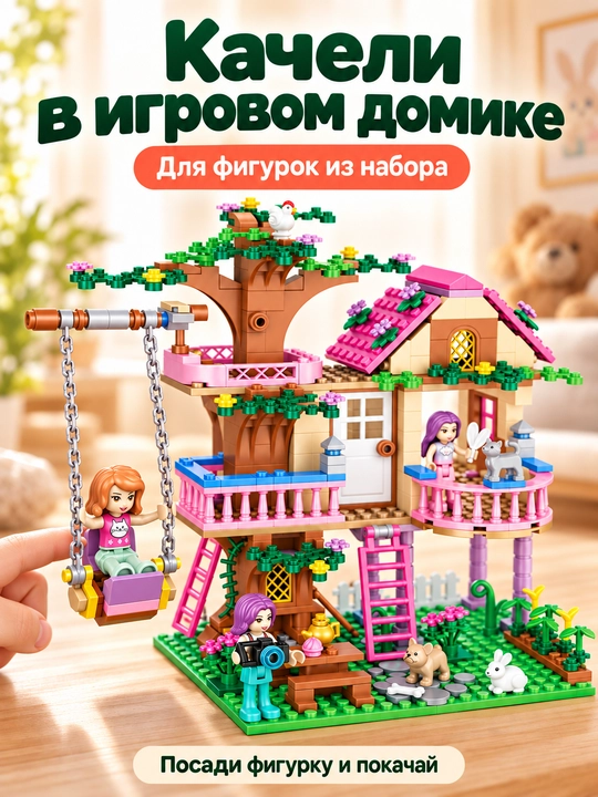 Кукольный домик на дереве, конструктор 504 детали, 7 фигурок, для девочек