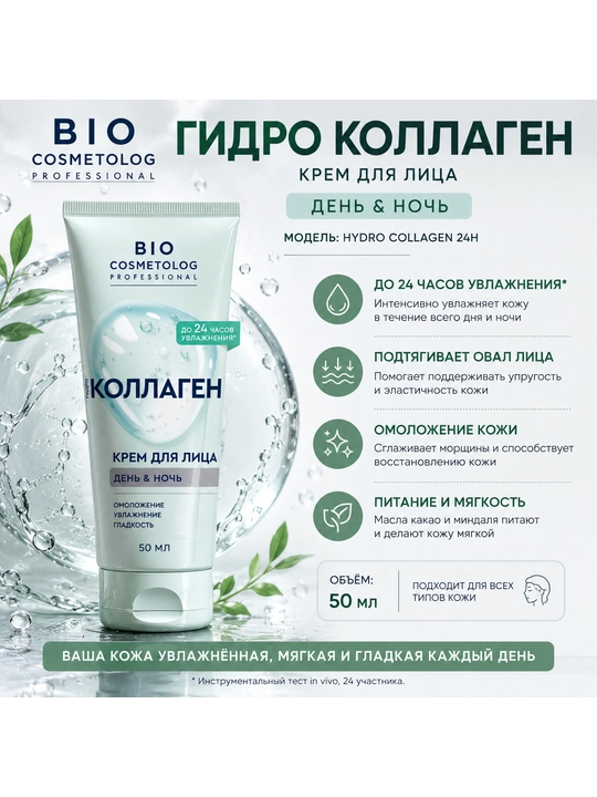 BIO COSMETOLOG PROFESSIONAL Gidro Kollagen yuz kremi 50 ml, kunduzgi va tungi namlantirish