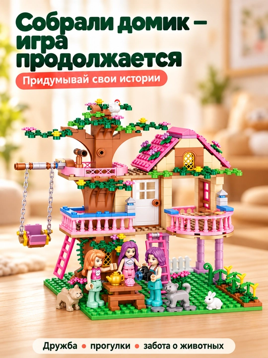 Кукольный домик на дереве, конструктор 504 детали, 7 фигурок, для девочек
