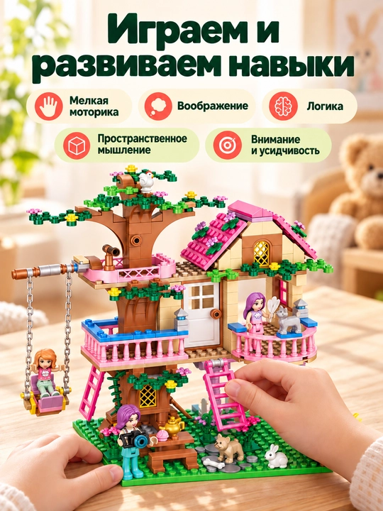 Кукольный домик на дереве, конструктор 504 детали, 7 фигурок, для девочек