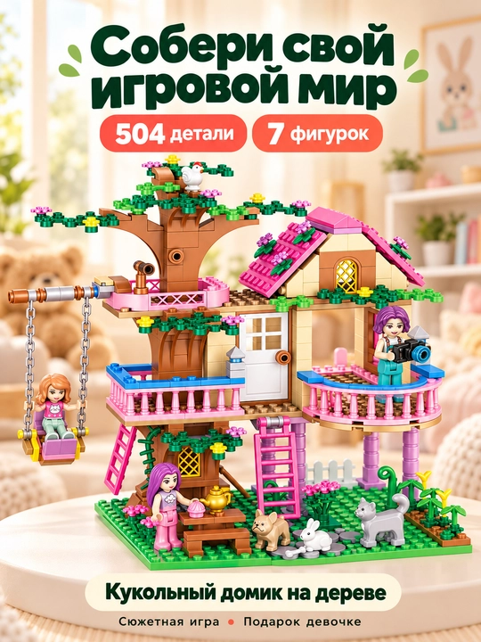 Кукольный домик на дереве, конструктор 504 детали, 7 фигурок, для девочек