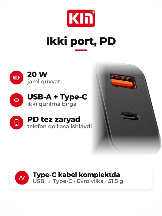 KIN KC27 20W USB-A Type-C quvvatlagich