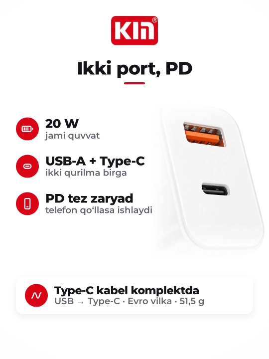 KIN KC27 20W USB-A Type-C quvvatlagich