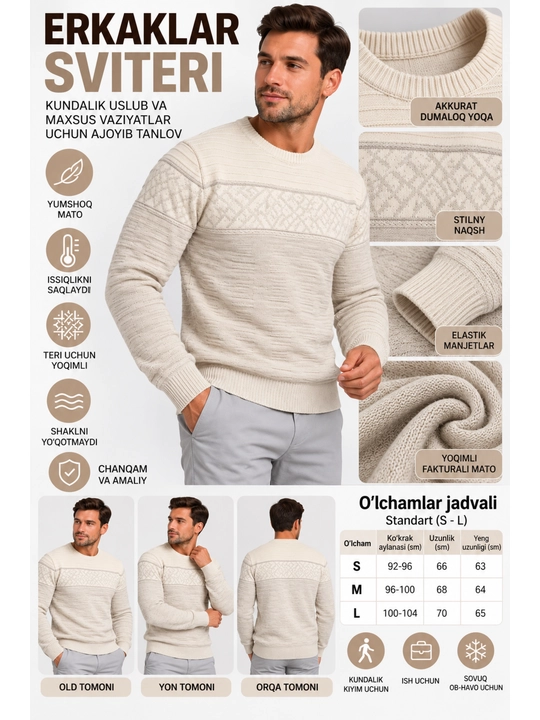 Erkaklar uchun chaqmoqli sviter, standart o‘lcham S dan-XL gacha,46 dan 52 mos keladi