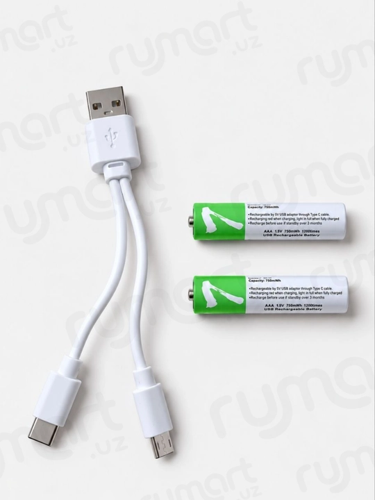 Батарейки аккумуляторные мизинчиковые AAA, 1.5V 750mWh (500mAh), Type-C, 1200 циклов, 2шт