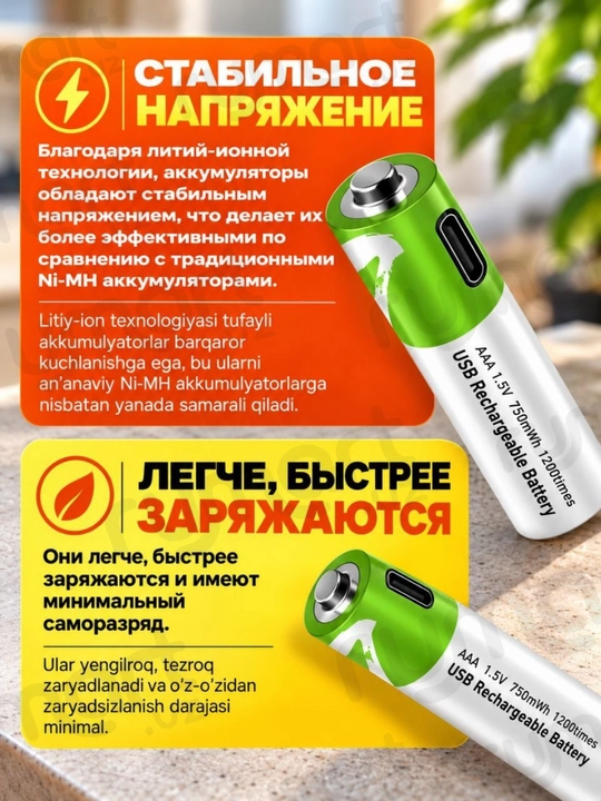 Батарейки аккумуляторные мизинчиковые AAA, 1.5V 750mWh (500mAh), Type-C, 1200 циклов, 2шт