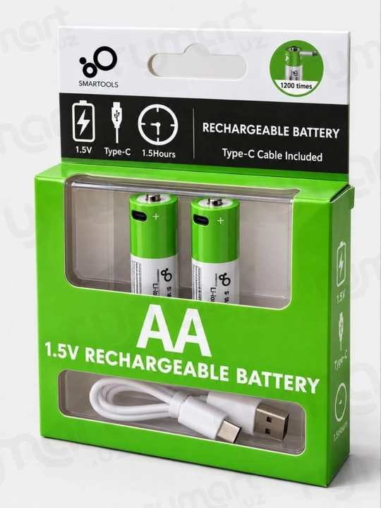 Батарейки аккумуляторные пальчиковые AA 1.5V Li-ion 2600mWh. Type-C, 1200 циклов. 2 шт