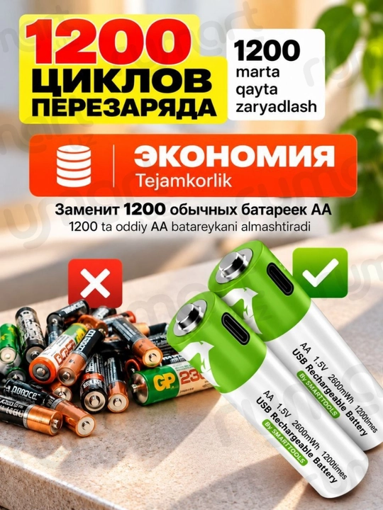 Батарейки аккумуляторные пальчиковые AA 1.5V Li-ion 2600mWh. Type-C, 1200 циклов. 2 шт