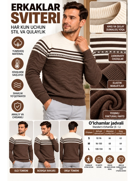 Erkaklar uchun chaqmoqli sviter, standart o‘lcham S dan-XL gacha,46 dan 52 mos keladi