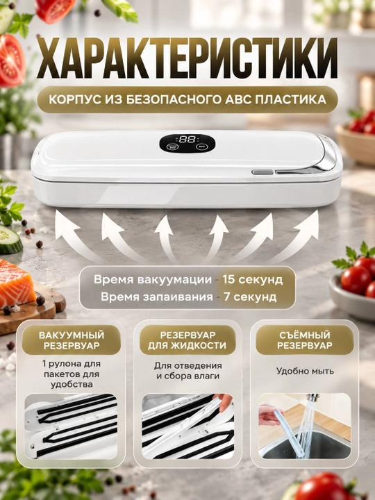 Paketli oziq-ovqatlar uchun vakuumator, kavsharlash, 90 Vt, 10 ta paket