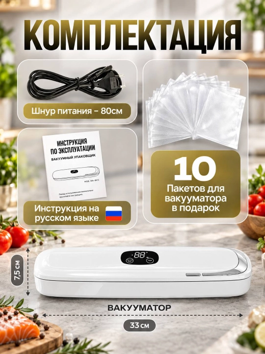 Paketli oziq-ovqatlar uchun vakuumator, kavsharlash, 90 Vt, 10 ta paket