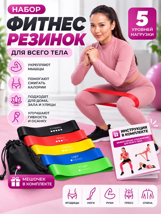 Фитнес резинки для ног и ягодиц, набор эспандеров 5 штук, для йоги и тренировок - 