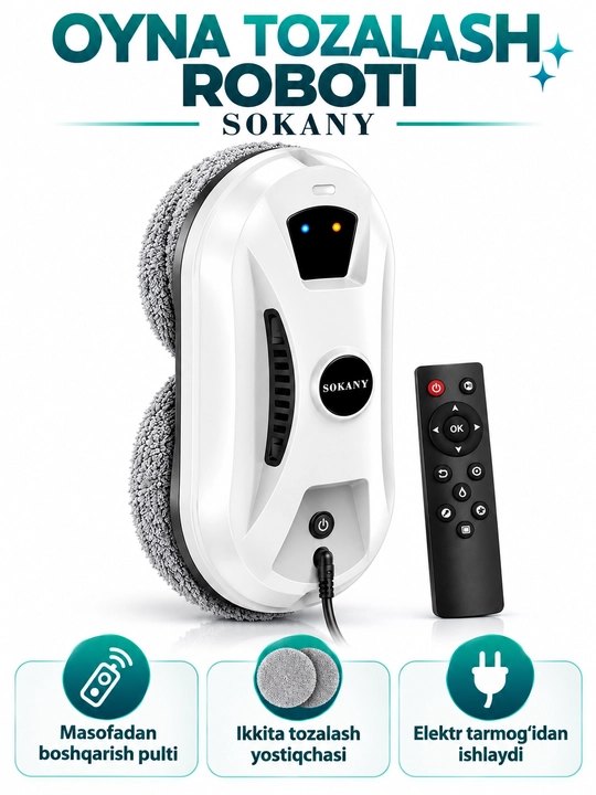 Oyna tozalovchi robot SOKANY SK-13080, avtomatik deraza yuvgich, 180 W, 5600 Pa, pultli