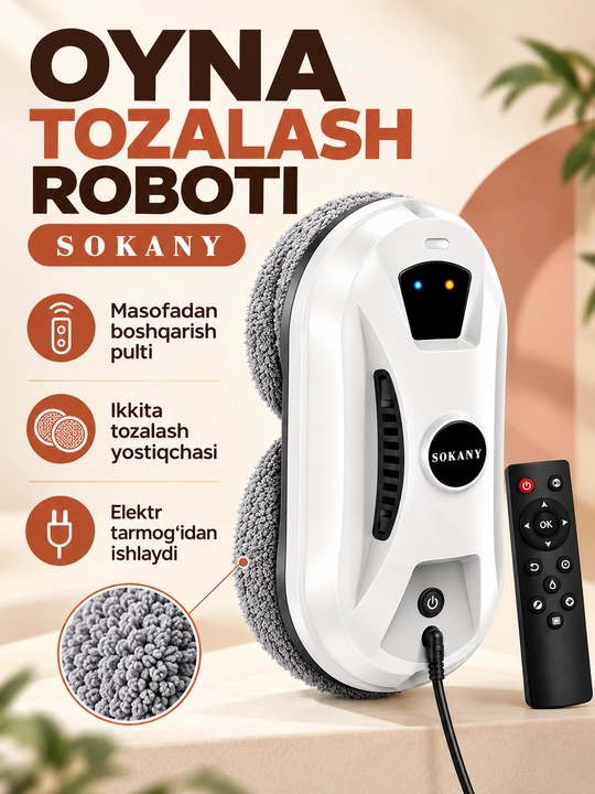 Oyna tozalovchi robot SOKANY SK-13080, avtomatik deraza yuvgich, 180 W, 5600 Pa, pultli