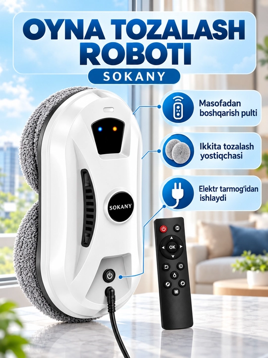 Oyna tozalovchi robot SOKANY SK-13080, avtomatik deraza yuvgich, 180 W, 5600 Pa, pultli