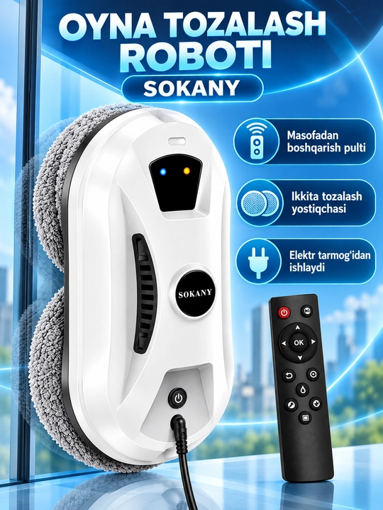 Oyna tozalovchi robot SOKANY SK-13080, avtomatik deraza yuvgich, 180 W, 5600 Pa, pultli