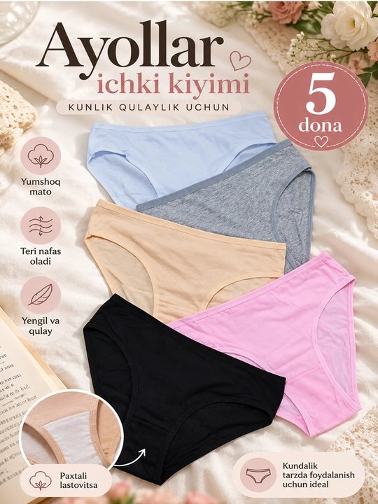 Trusiklar ayollar uchun paxtadan, sliplar 5 donalik to'plam, S-2XL, har kunlik ichki kiyim - 
