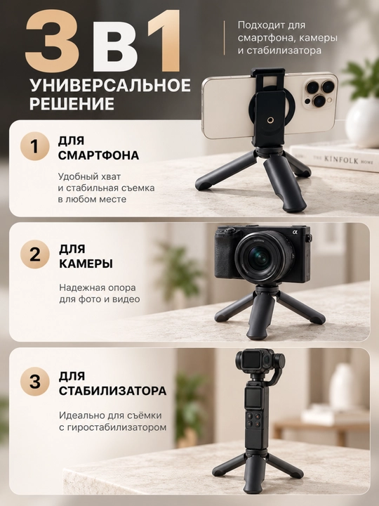Штатив-стабилизатор, трипод настольный и ручной для смартфона, камеры и видеосъемки