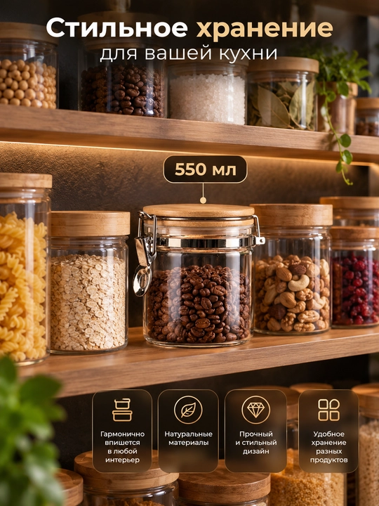 Стеклянная банка для хранения продуктов кофе и специй, с деревянной герметичной крышкой