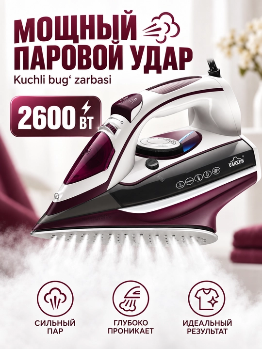 Bug'li dazmol UAKEEN 3000 Vt gacha, bug' zarbasi, suv purkagich va o'z-o'zini tozalash