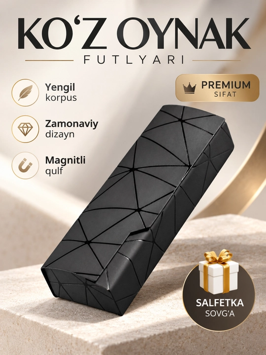 Ko‘zoynak g‘ilofi, qattiq, ko‘p qirrali, g‘ilof va organayzer - 